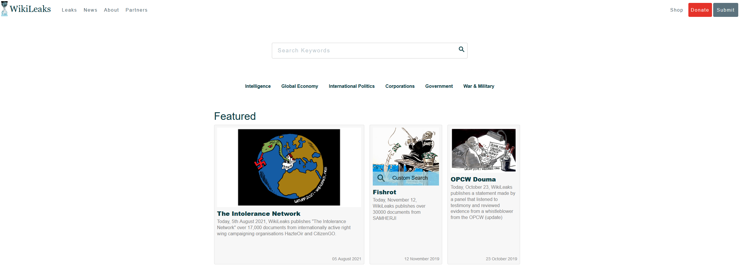 Screenshot of the WikiLeaks homepage