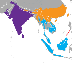 Map of Asia showing regions where Pangolin can be found.