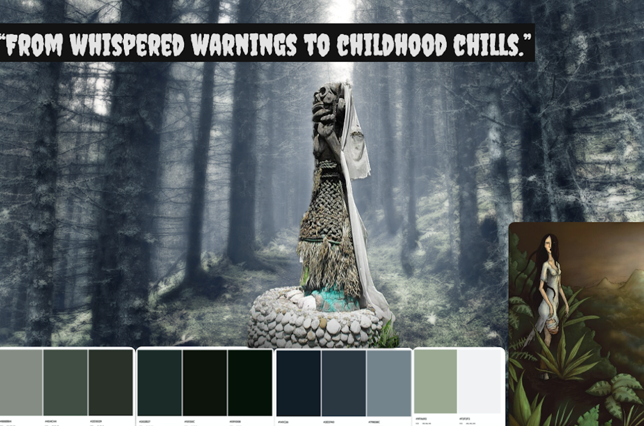 spooky forest, figures of La Llorona and Patasola, dark color palette 