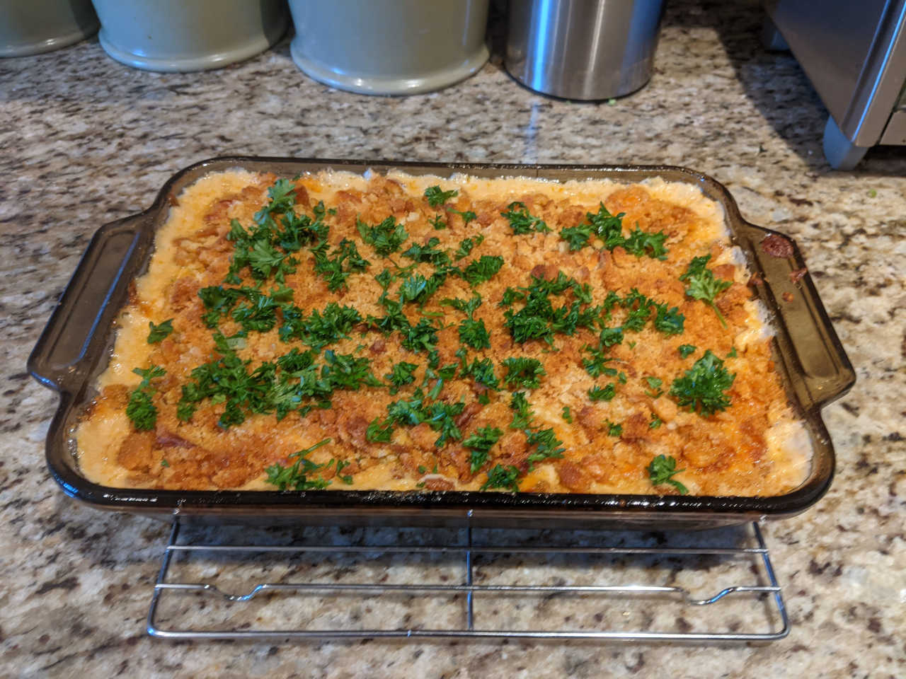 picture of a casserole dish filled with baked mac and cheese