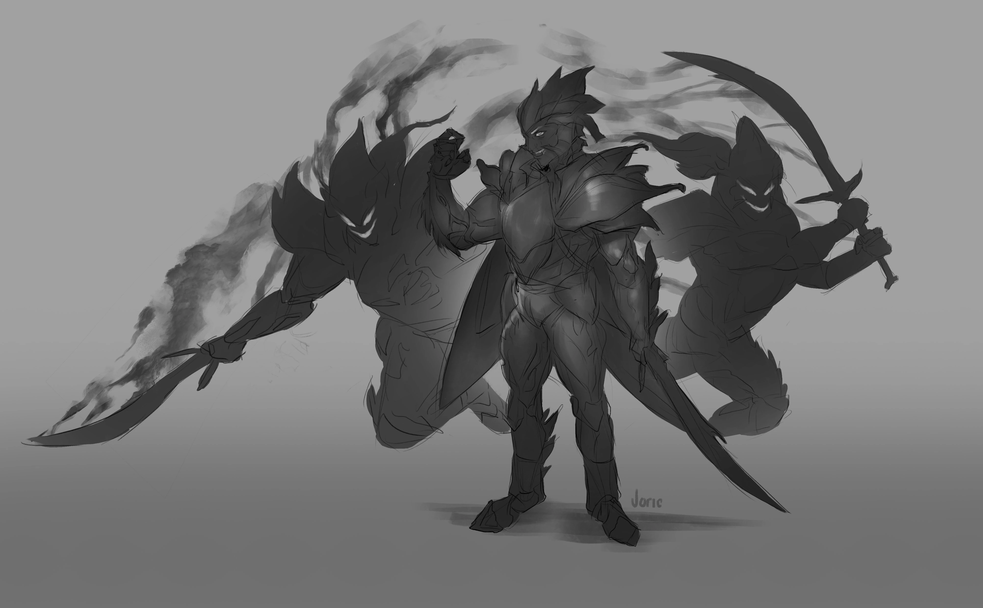 Echo Knight Fighter, Fan art of an echo knight with two summoned echoes, by Joric on https://criticalrole.fandom.com/wiki/Category:Art_by_Joric