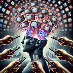 a surreal picture of a brain being controlled by computers and remotes