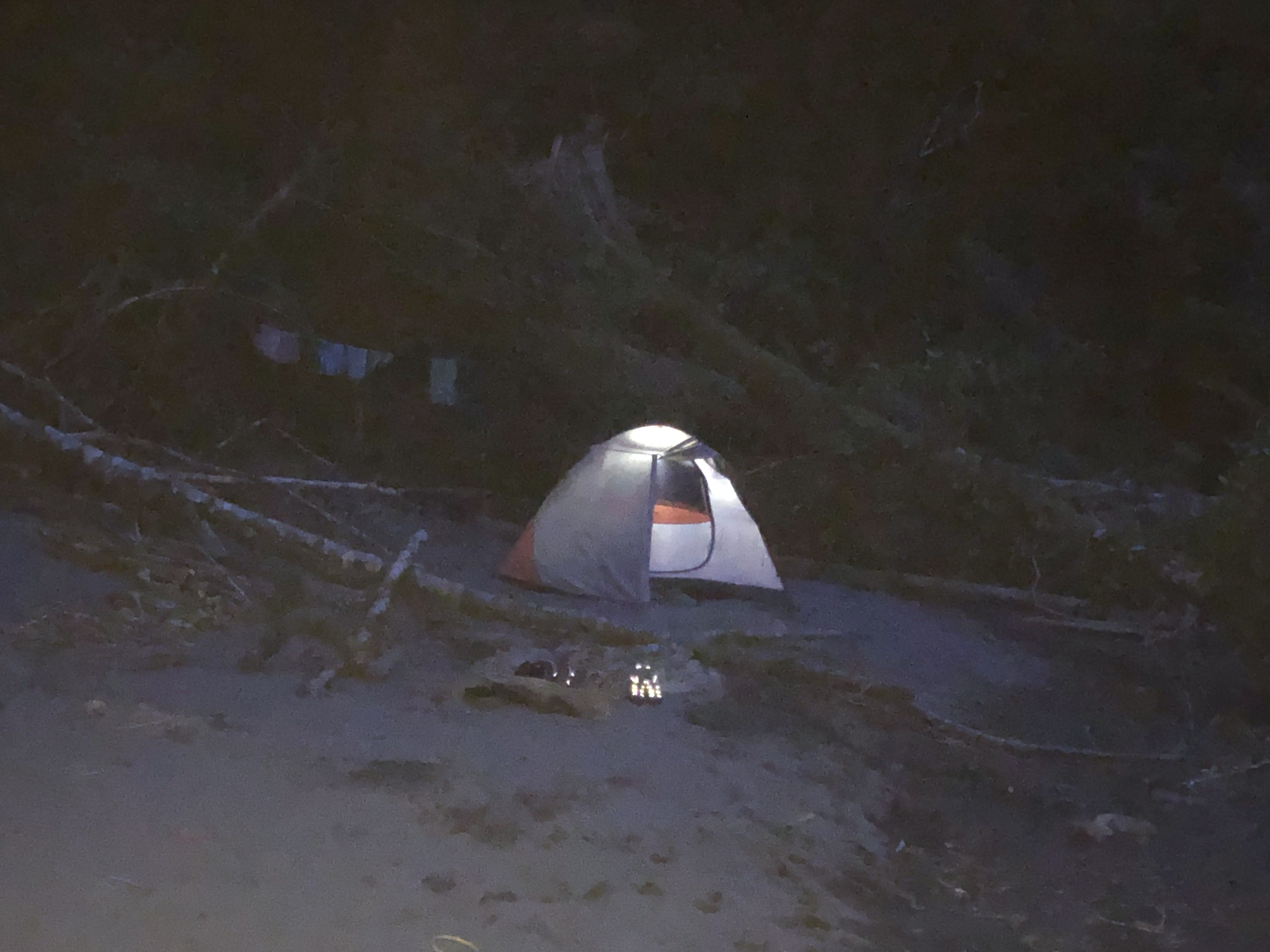Our backcountry camp in Redwood National Park, at night.