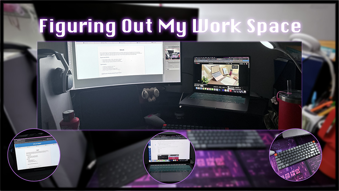 Photoshop collage design featuring a computer setup