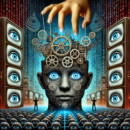 surreal image of a hand manipulating a brain on puppet strings