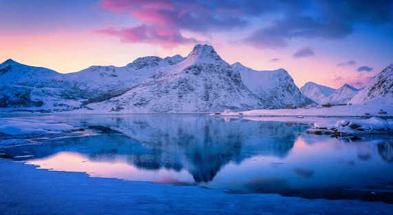 Snowy mountains reflected in a lake