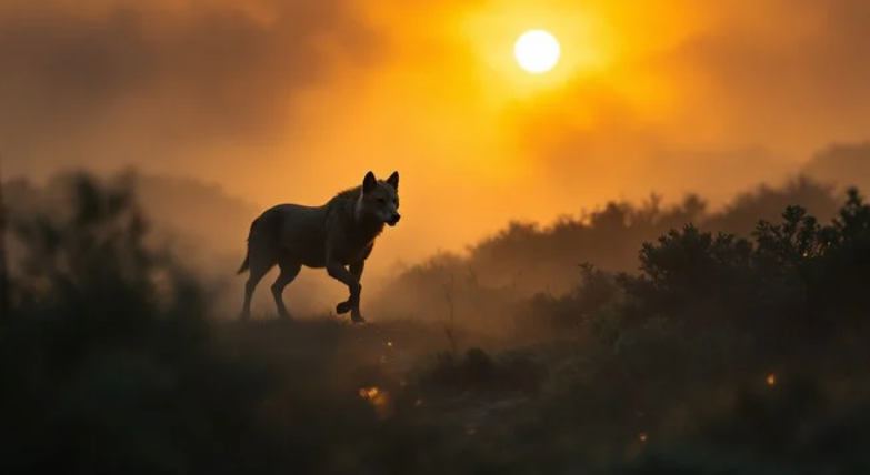 A lone wolf standing in a snowy landscape at dawn